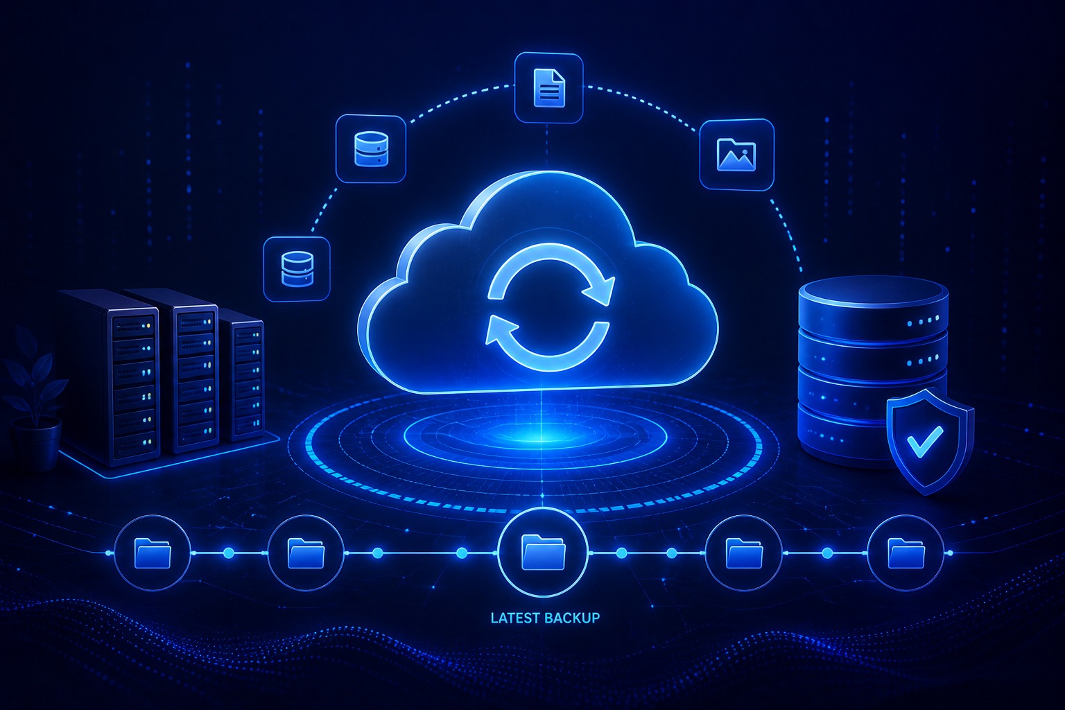 Cloud backup diagram showing latest backup synced across servers and data types