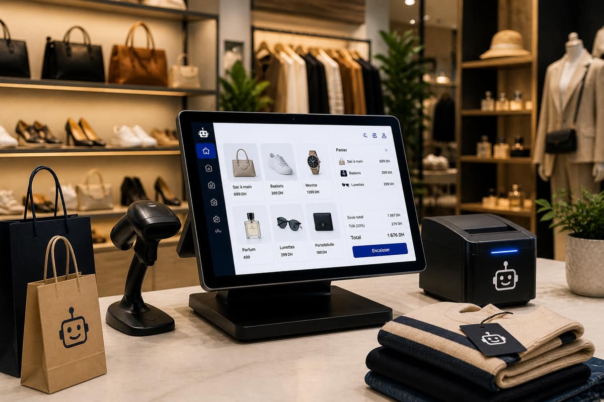 RobotCaisse retail POS on tablet in a clothing store with barcode scanner and receipt printer