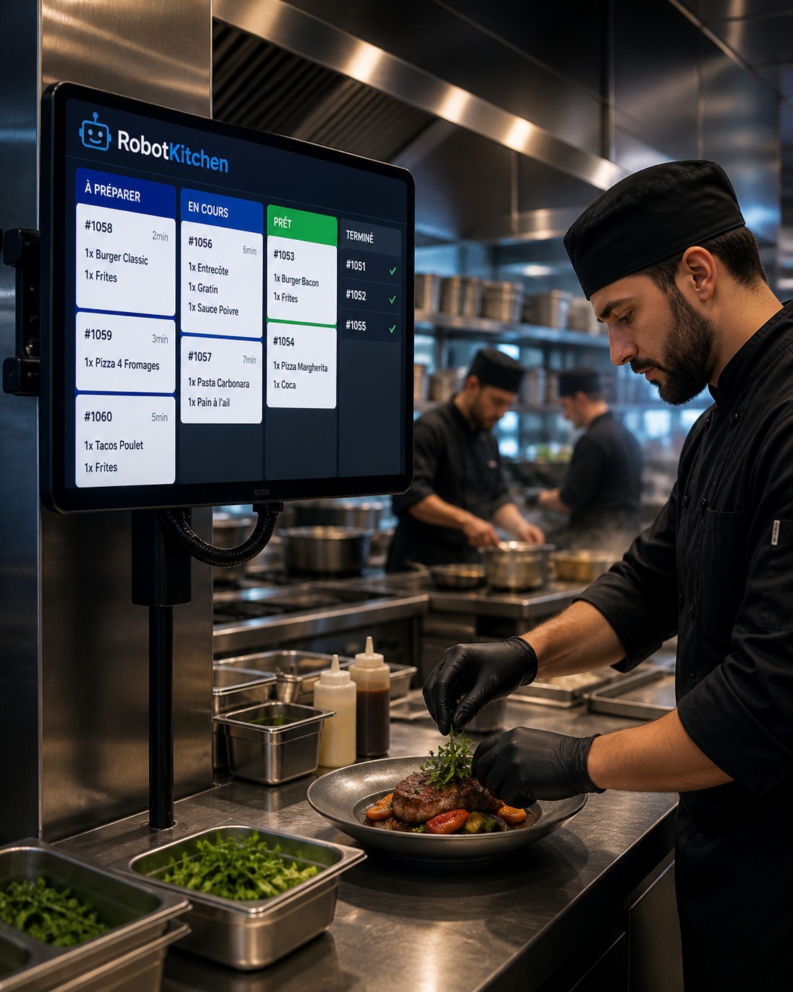 RobotKitchen kitchen display showing live order queue in a restaurant kitchen