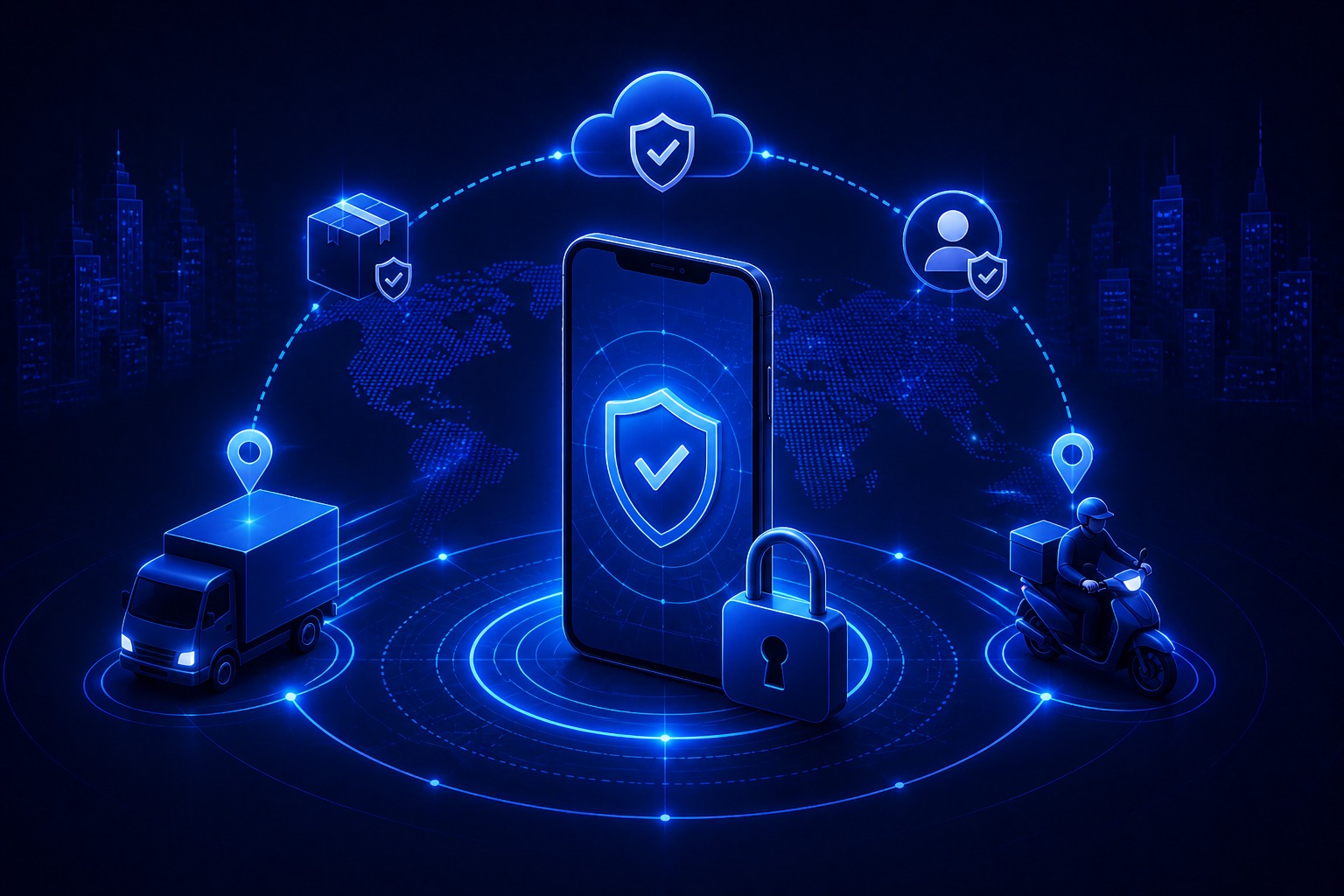 Secure mobile operations showing protected phone with delivery and field agent tracking