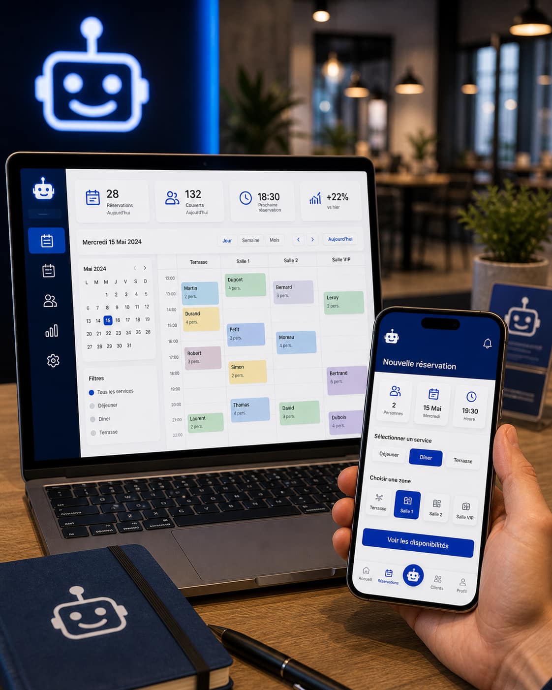 RobotBooking reservation calendar on laptop and mobile showing time slots and new booking flow