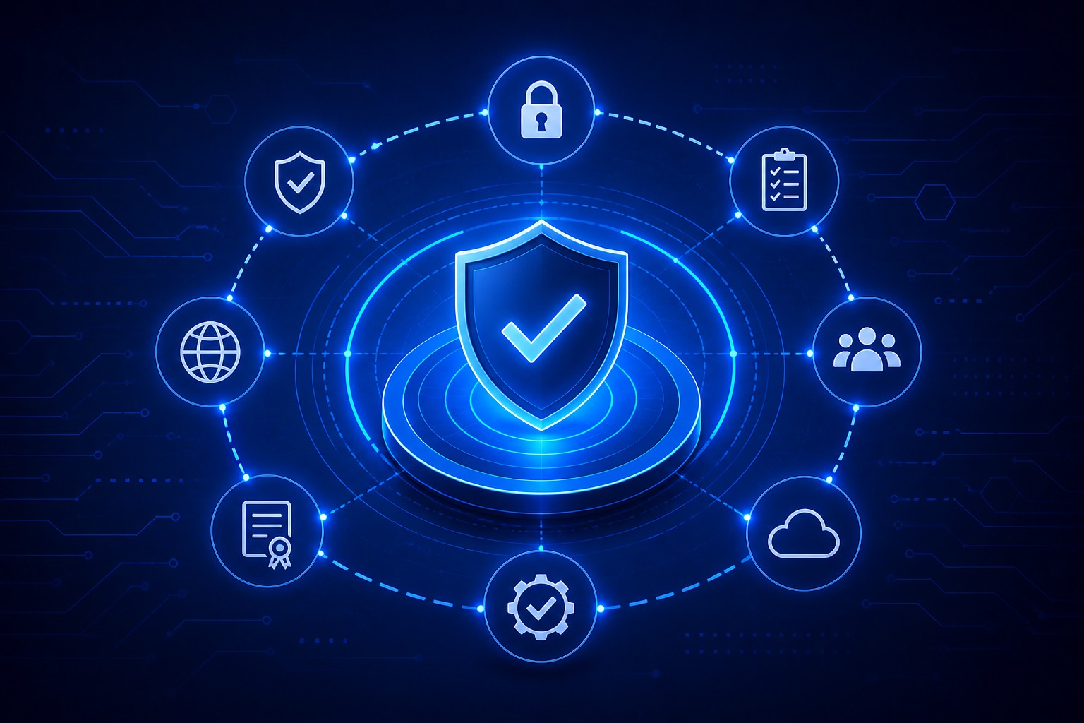 Multi-layer security architecture showing shield with role, lock, cloud, user, and compliance icons