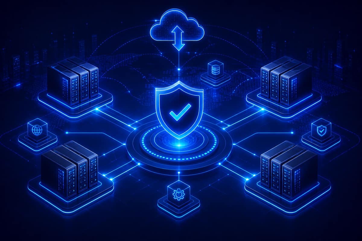 Secure server infrastructure with shield connected to distributed data centers via cloud